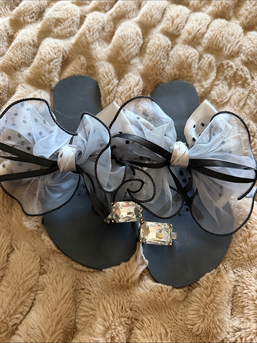 Black Sheer Bow Slide Sandals with Crystal Accent - Women Accessories